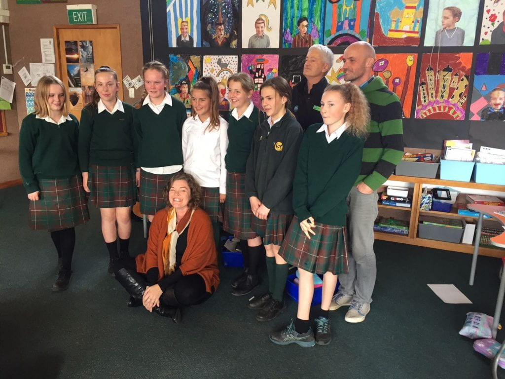Juliet with students and staff at St Gerards School, Alexandra, Otago
