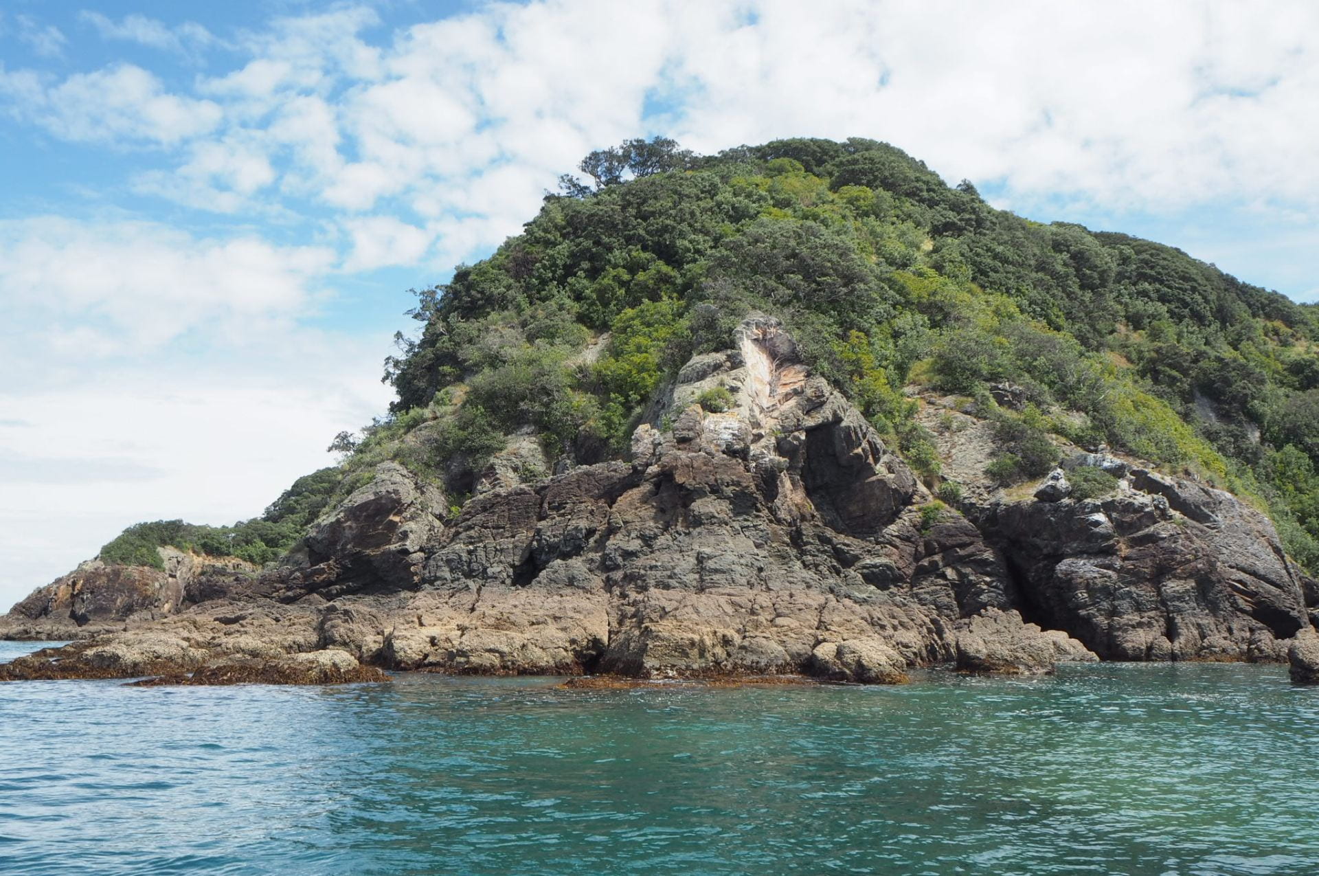 Ōtata Island, one of the islands in the Noises group in the Hauraki Gulf. Bush cascades over steep slopes that lead to rocky cliffs, above turquoise water