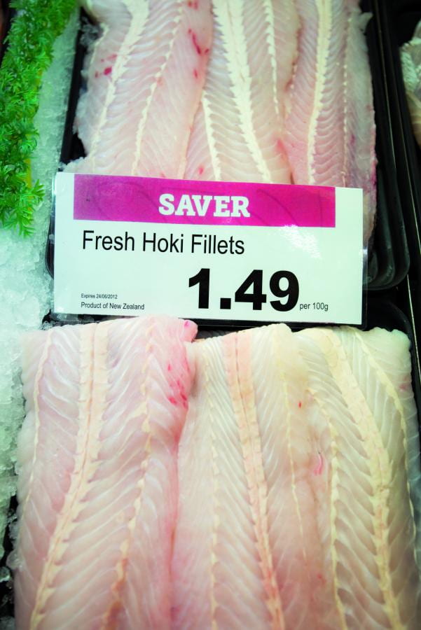 Hoki fillets on sale in a supermarket