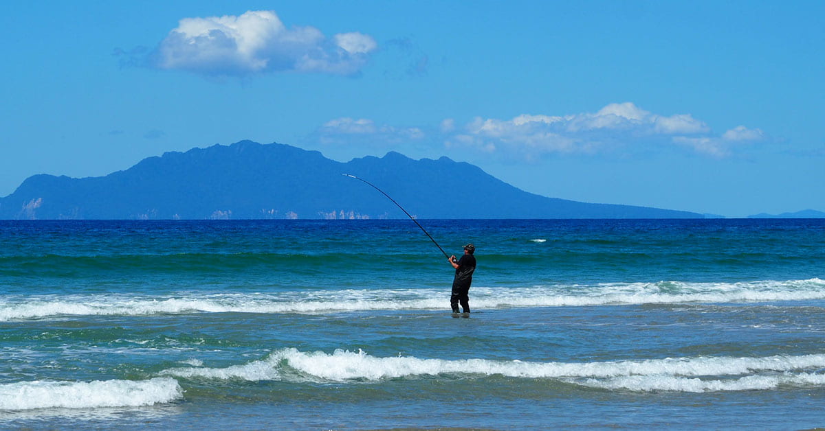 A person fishing in the surf