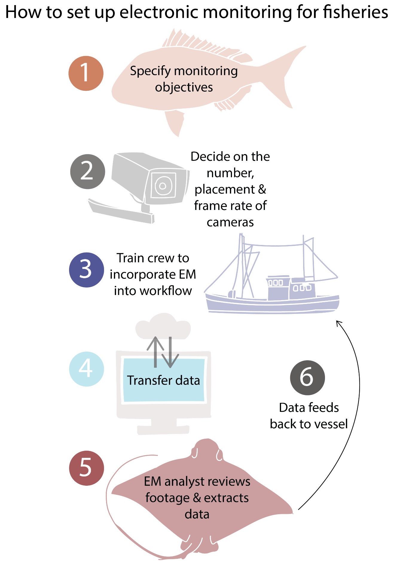 How to set up electronic monitoring for fisehries: 1) Specify monitoring objectives, 2) Decide on the number, placement and frame rate of cameras, 3) Train crew to incorporate EM into workflow, 4) Transfer data, 5) EM analyst reviews footage and extracts data, 6) data feeds back to vessel.