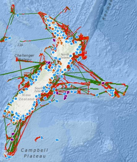 Map of New Zealand showing the routes of fishing vessels as captured by electronic position reporting