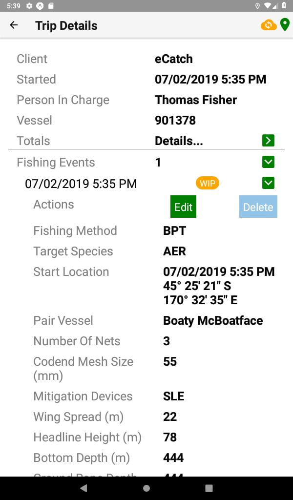 Screengrab from the eCatch apps howing trip details for 'Boaty McBoatface'