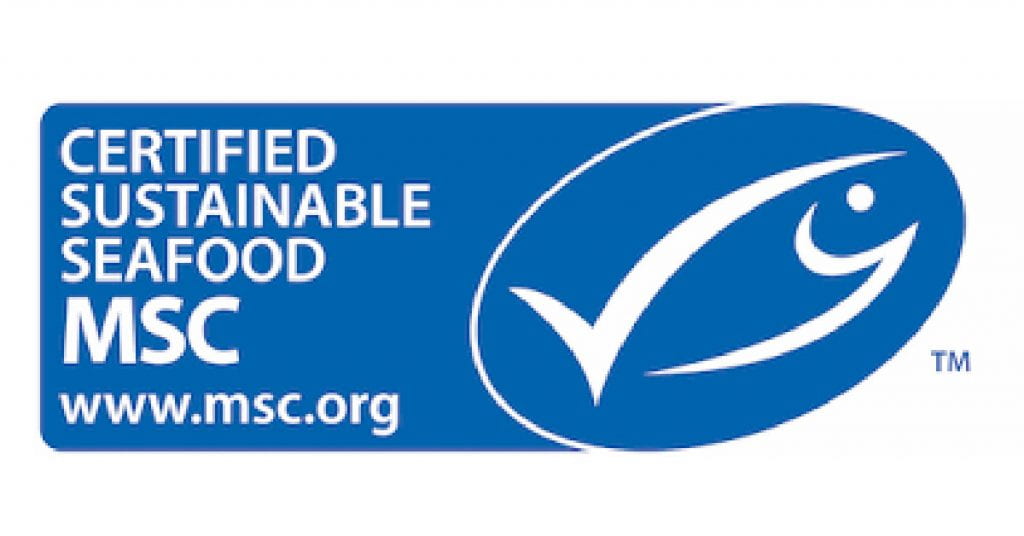 The MSC blue fish tick logo with the words "Certified sustainable seafood"