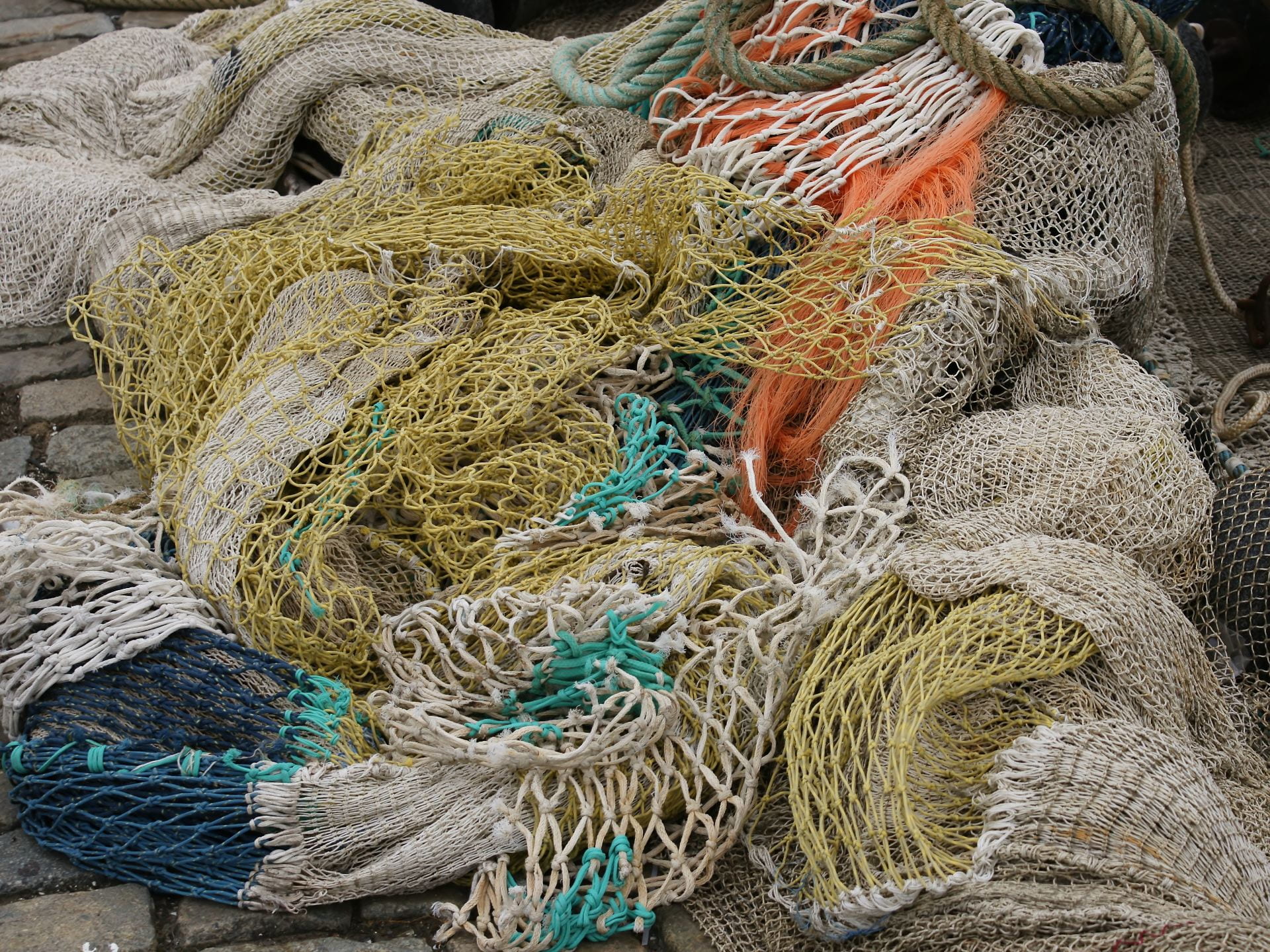 A pile of assorted fishing nets