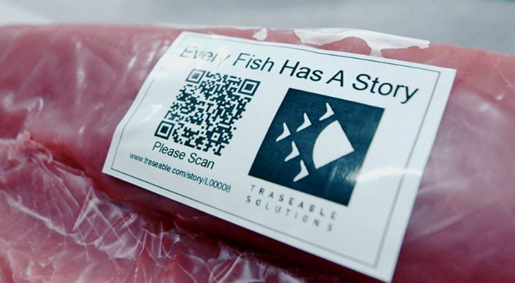 A piece of packaged tuna with a label that says "Every fish has a story" accompanied by a QR code