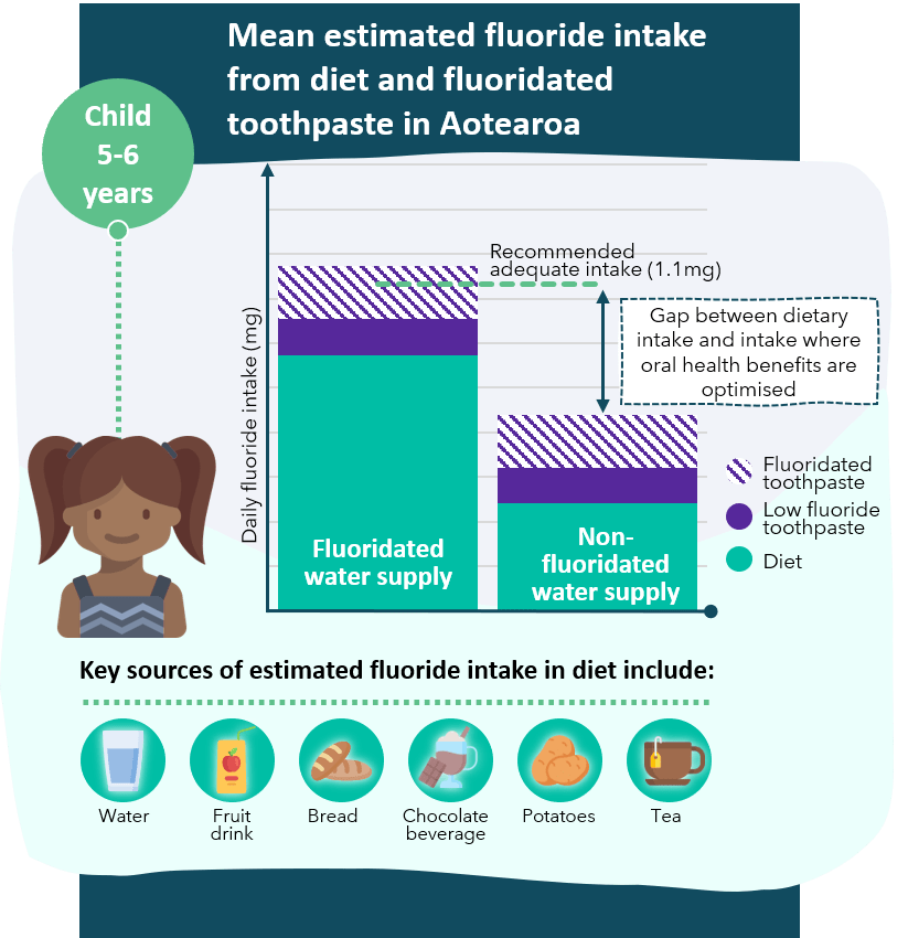 The average estimated daily fluoride intake for children aged 5-6 meets the recommended adequate intake for oral health benefits. In non-fluoridated areas, children in this group do not reach the daily recommended intake (on average)