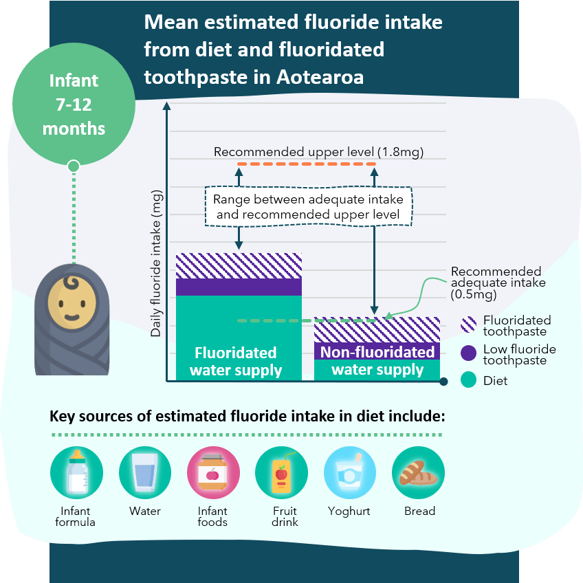 Mean estimated fluoride intake from diet and fluoridated toothpaste in Aotearoa for infants aged 7-12 months is likely to reach the adequate fluoride intake level in places with fluoridated water supply.