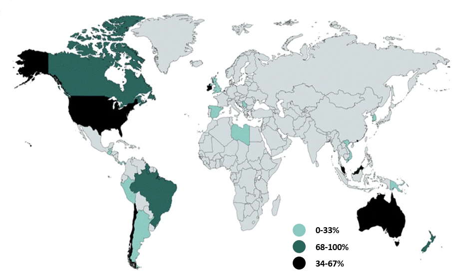 World map showing the proportion of the population given government-regulated fluoridated water. Australia, the US, Canada and Brazil have higher proportions with access to fluoridated water. Conversely, Europe and Asia do not fluoridate their water