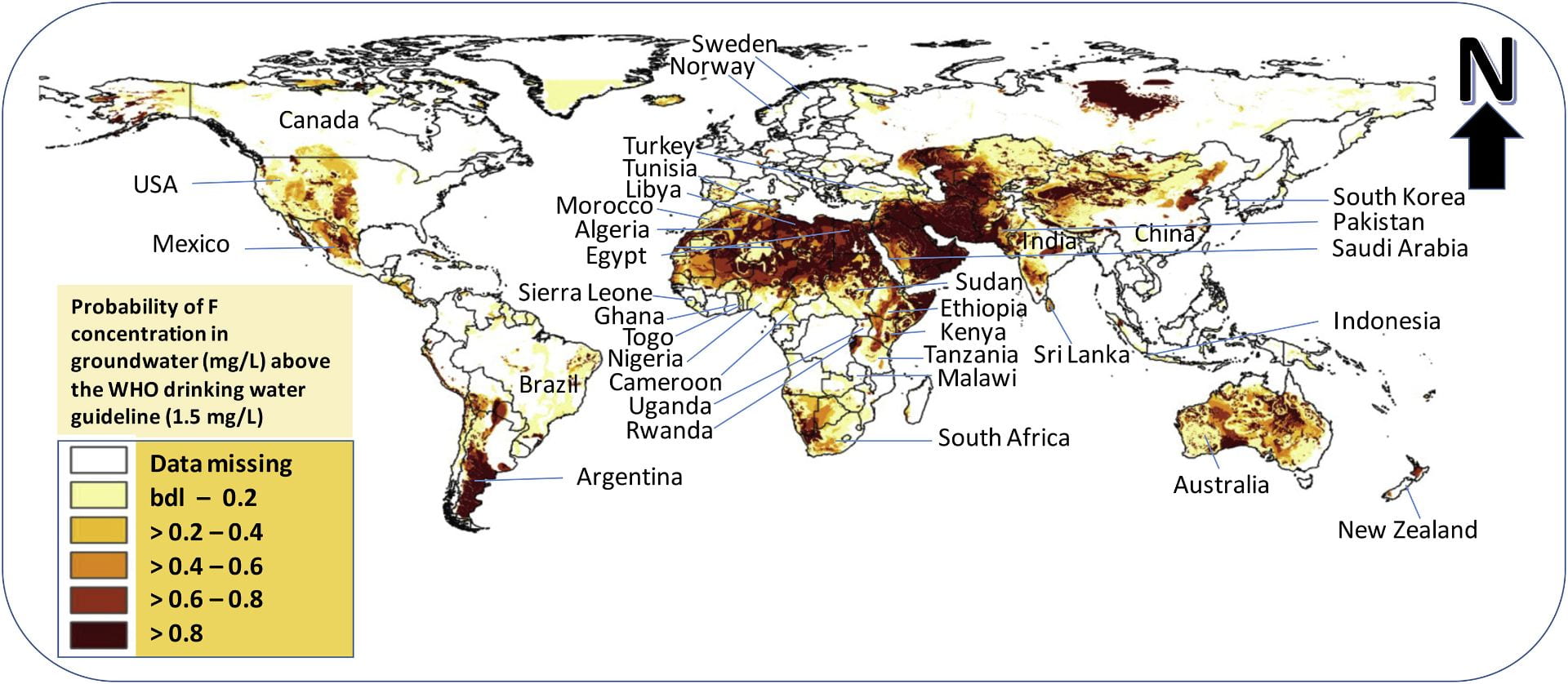 Map showing the occurrence and distribution of fluoride in groundwater in different parts of the world. Northern Africa and the Middle East have very high natural levels of fluoride, while New Zealand does not.