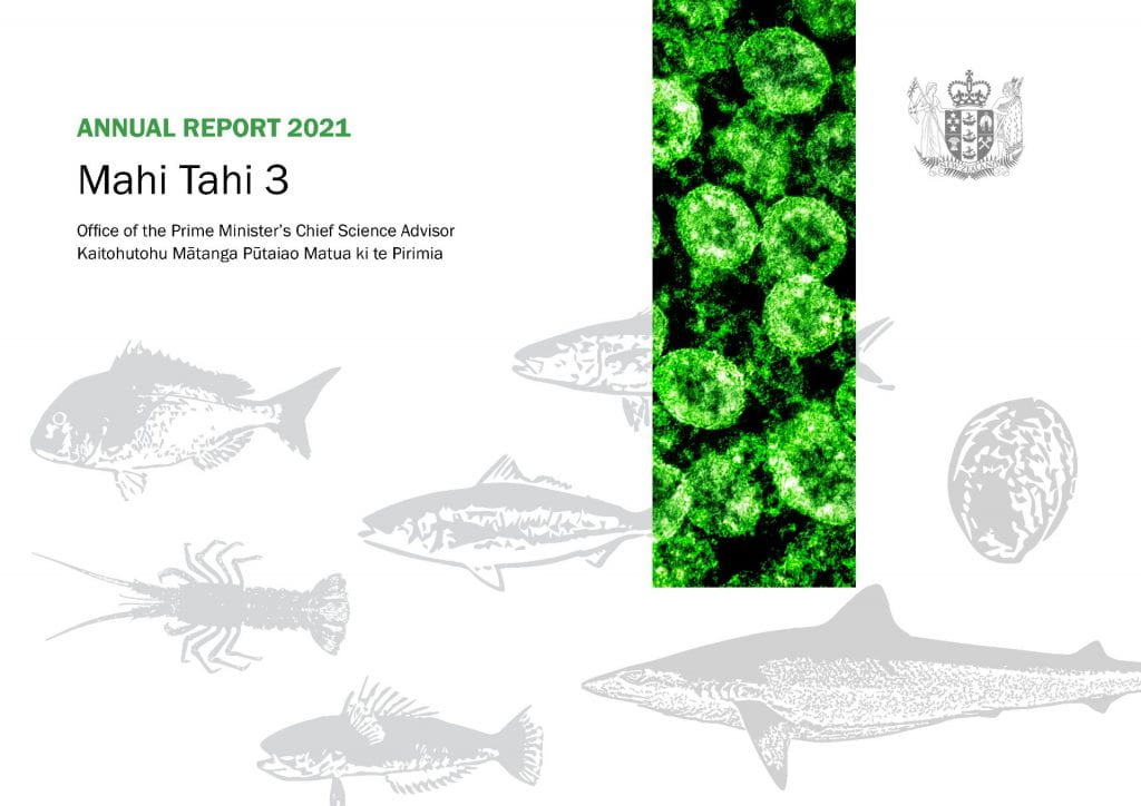 Annual report 2021 - Mahi Tahi 3 front cover featuring fish outlines and a scanning electron microscope image of SARS-CoV-2 virus particles