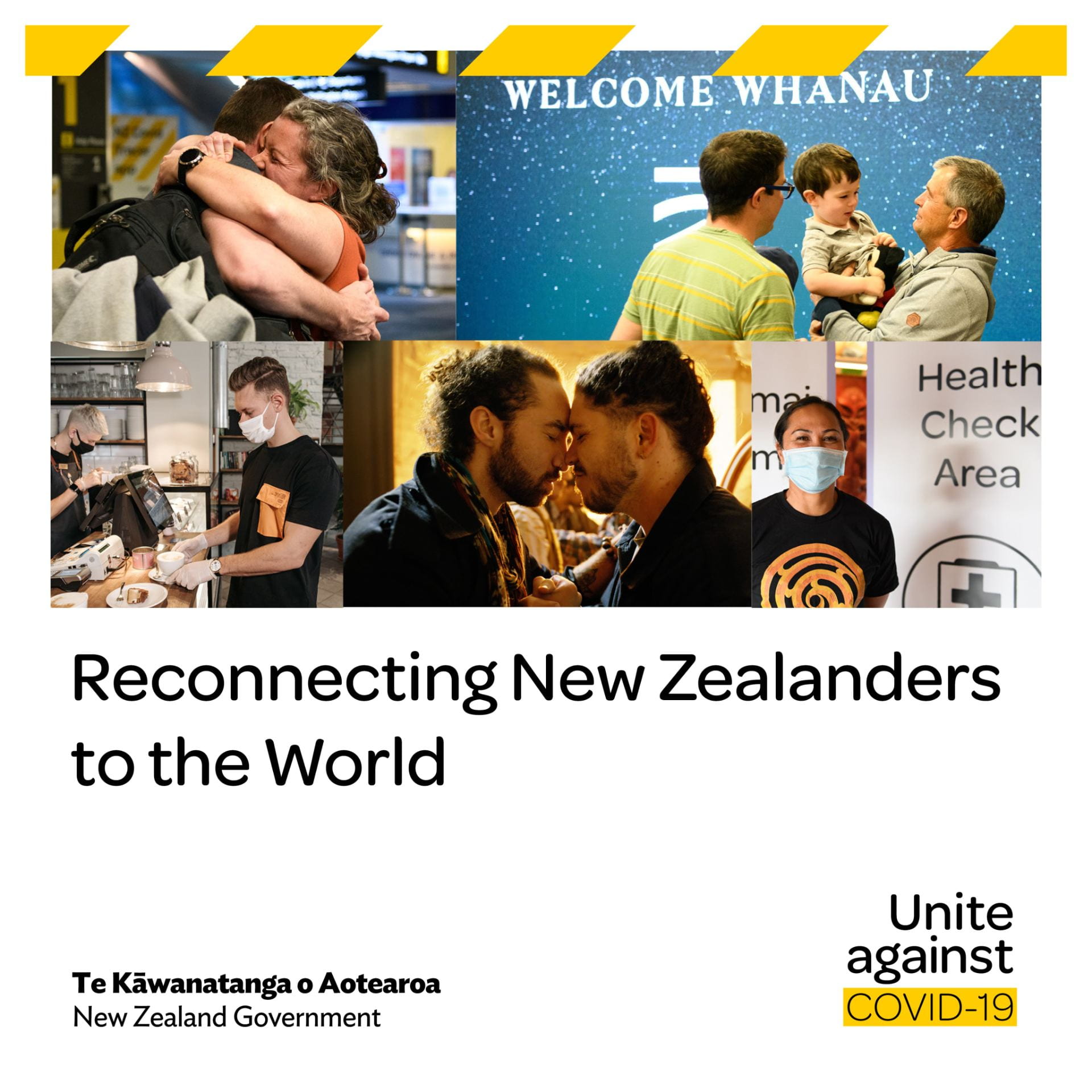 Reconnecting New Zealanders to the world flyer, depicting families embracing, a couple greeting each other with a hongi